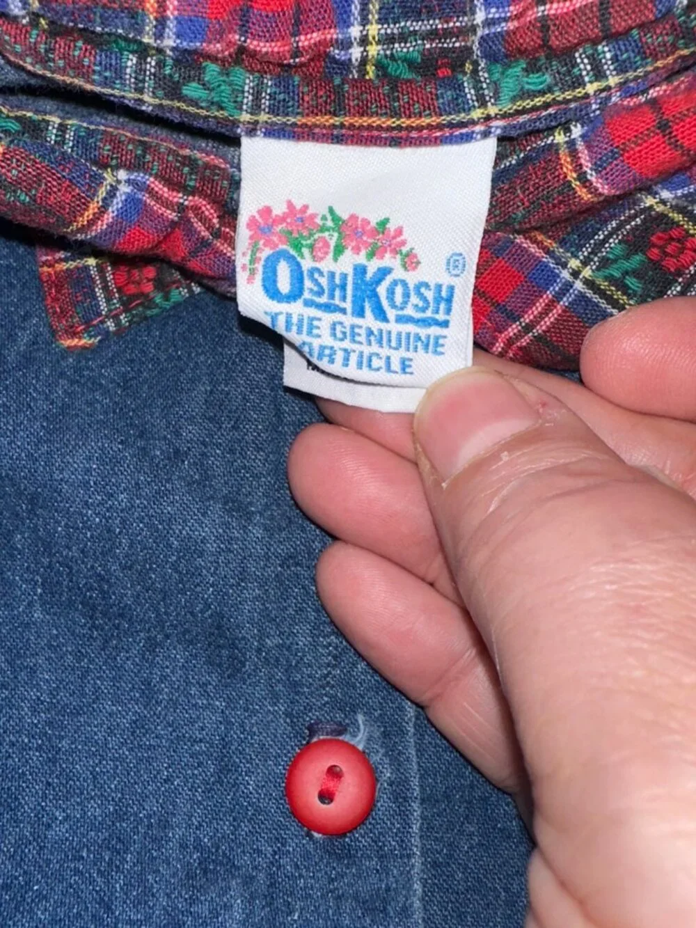 Vintage Vtg OshKosh B’Gosh Girls Jean Denim Dress Red plaid, Size 4